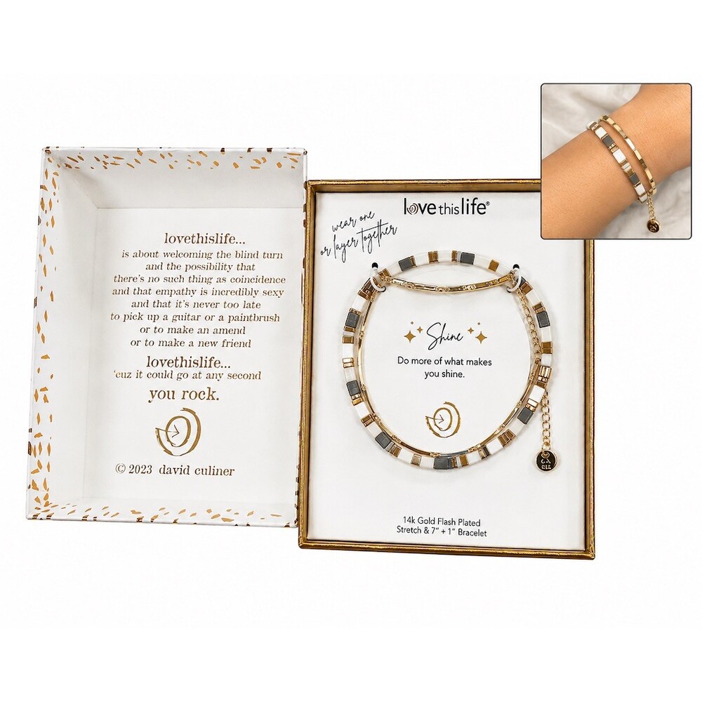 $40 Love This Life Shine 2pc cute Bracelet Set Gold Beaded & Bar Link Boxed gift